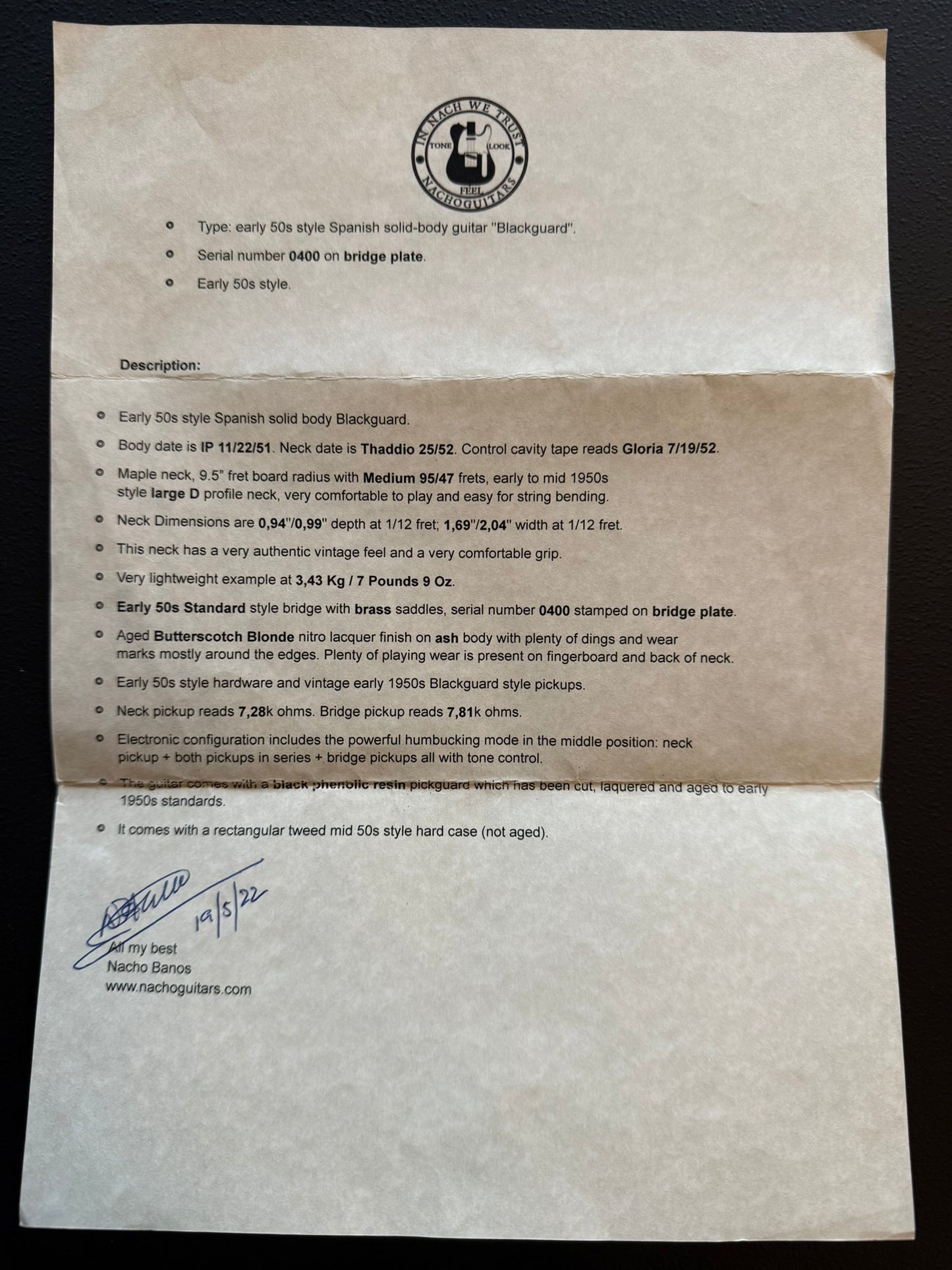 Nacho Guitars Telecaster Butterscotch Blonde Blackguard 2022