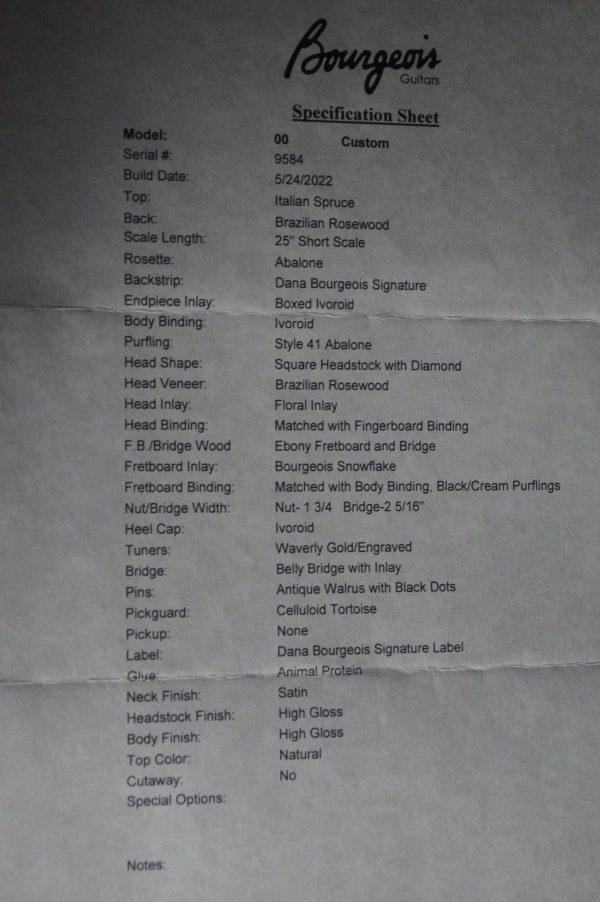 Bourgeois OO Style “41” Custom Brazilian Short Scale - Specification Sheet